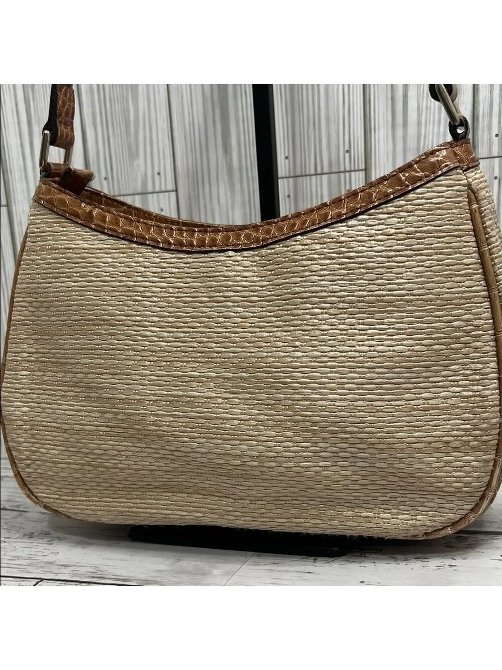 Liz Claiborne Boho Y2K Woven Straw Shoulder Bag Beige with Brown Faux Croc Trim